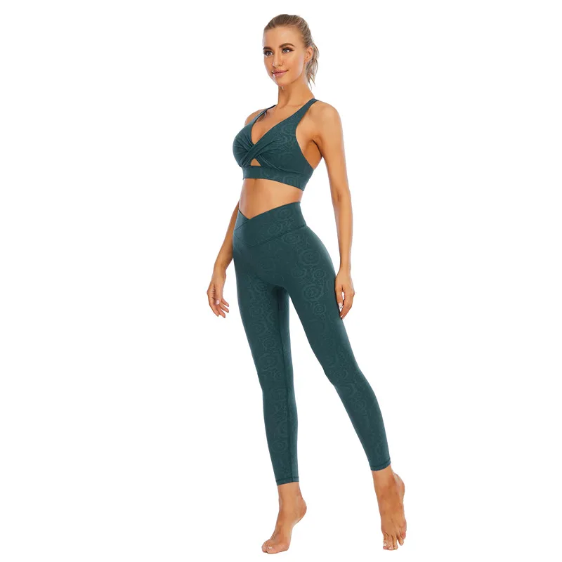Eation 2023 Fashion High Quality Sustainable Nylon Spandex Embossed Fitness Yoga Wear Women 2 Pieces Suits Yoga Set