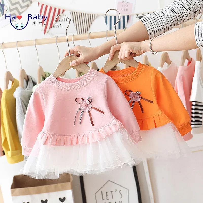 Hao Baby Girls 2022 Spring New 1-3 Year Old Baby Long Sleeve Toddler Stitching Net Yarn Infant Princess Skirt