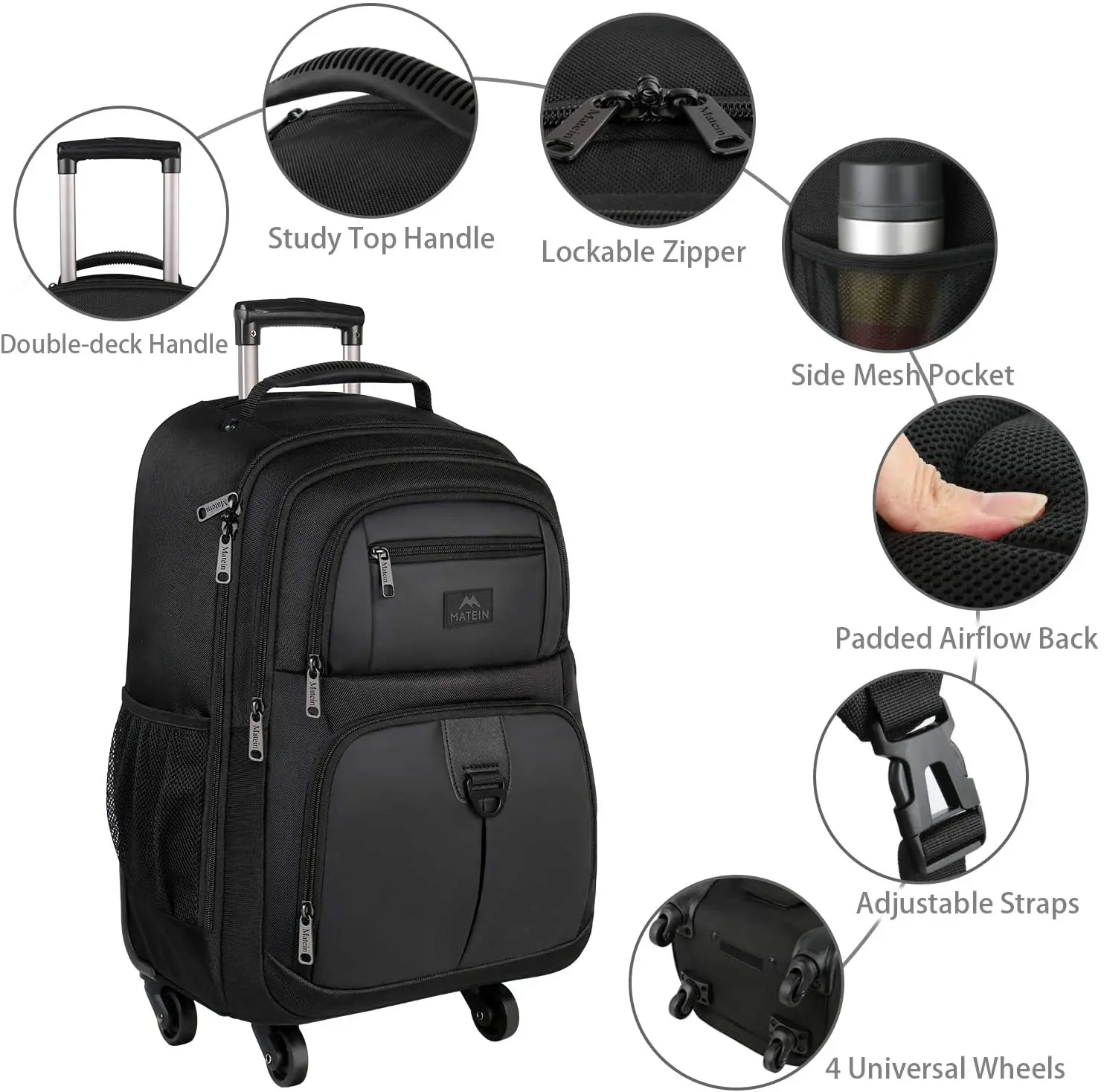 Large Rolling Wheeled Backpack Business Travel Carry on Luggage Suitcase Bag Durable Roller College School Computer Book bag