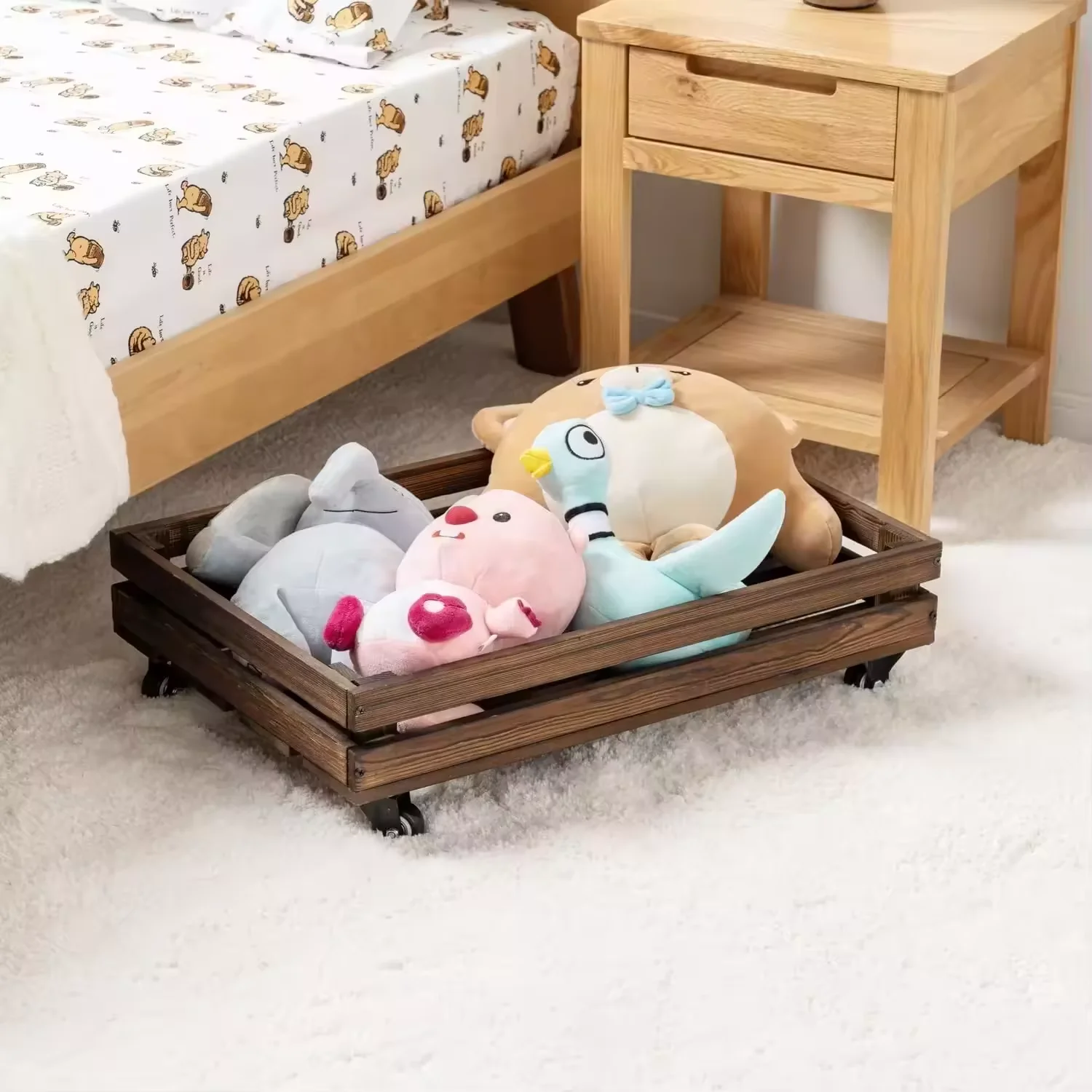 Solid Wood Under Bed Storage with Wheels Underbed Drawers Underneath with Handle Wooden Crate Clothes Storage Containers