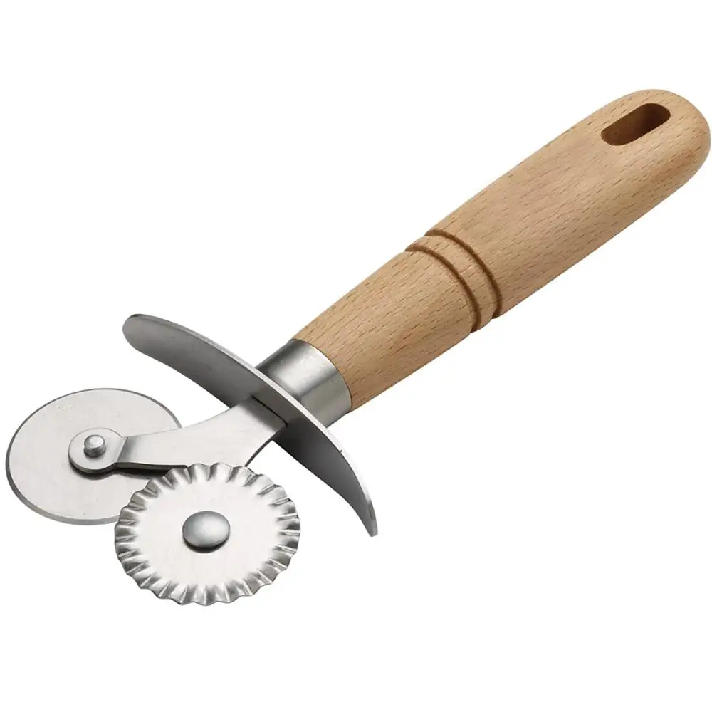 Eco Friendly Food Grade Wood Handle Stainless steel Pizza Cutter Pastry Ravioli Wheel