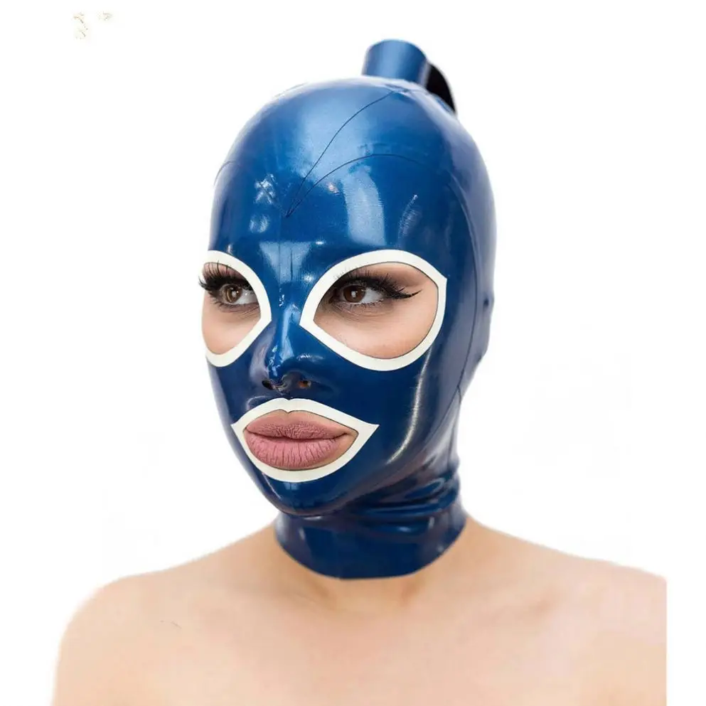 Blue Latex Hood Sexy Headgear With Zipper Role Play Cosplay Adult