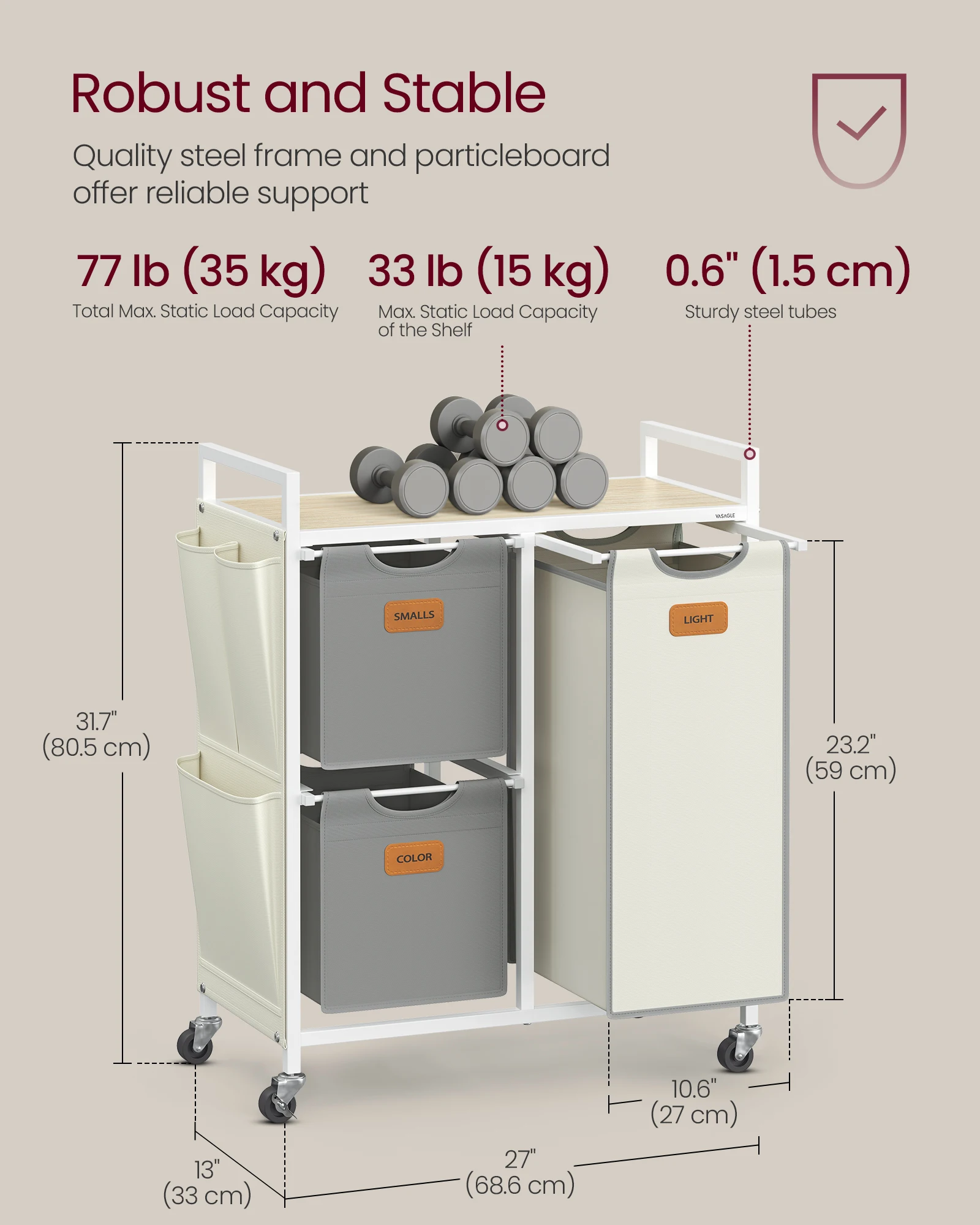 VASAGLE Laundry Trolley with Shelf 6 Labels 3 Compartments Laundry Hamper with Small Side Pockets Laundry Basket