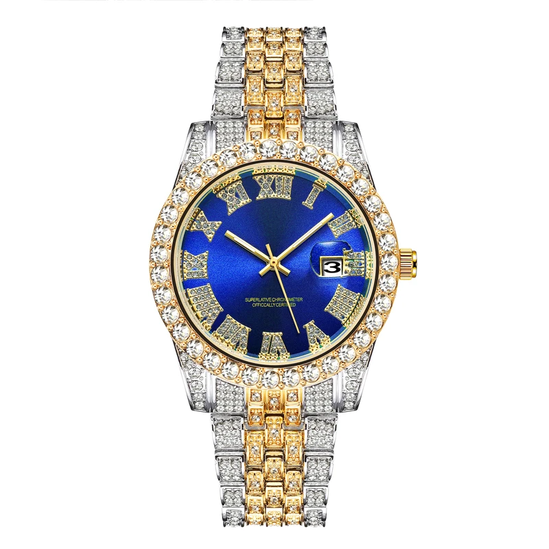 OEM Logo Hip-hop Roman Numeral Stylish Diamonds Luxury Large Dial Quartz Watch For Men