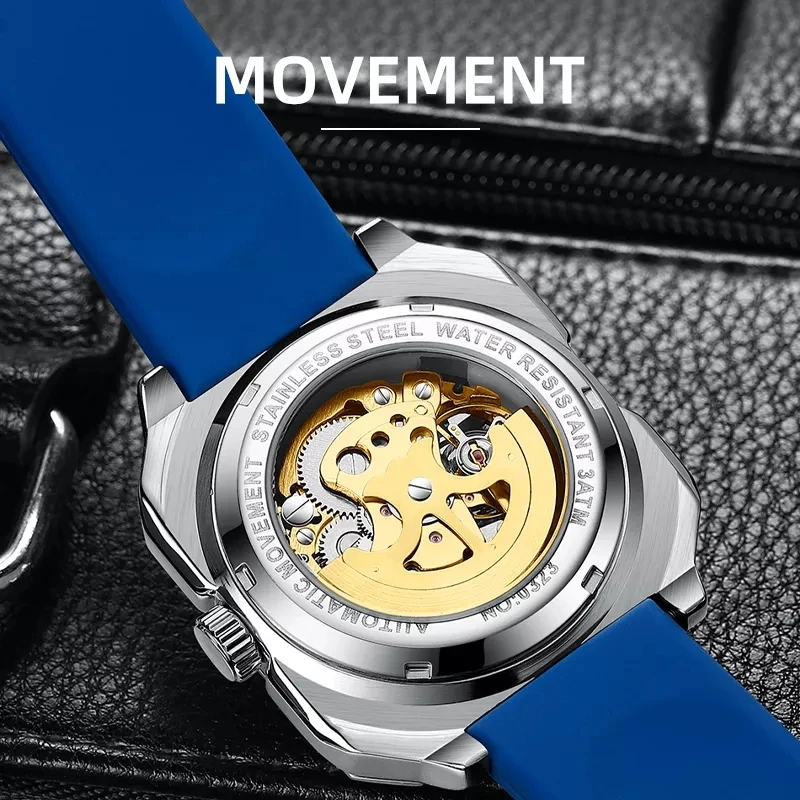 Часы наручные BIDEN Мужские механические, квадратные водонепроницаемые автоматические спортивные с силиконовым ремешком в стиле милитари