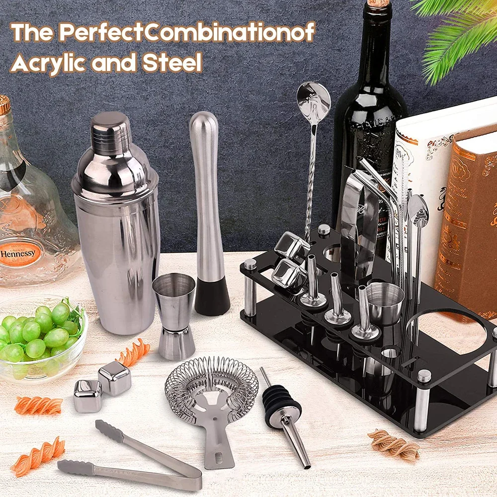 Travel Gift Barware stainless steel bar tool Bartender Kit Bar Accessories Jigger Cocktail Shaker Set with wooden stand