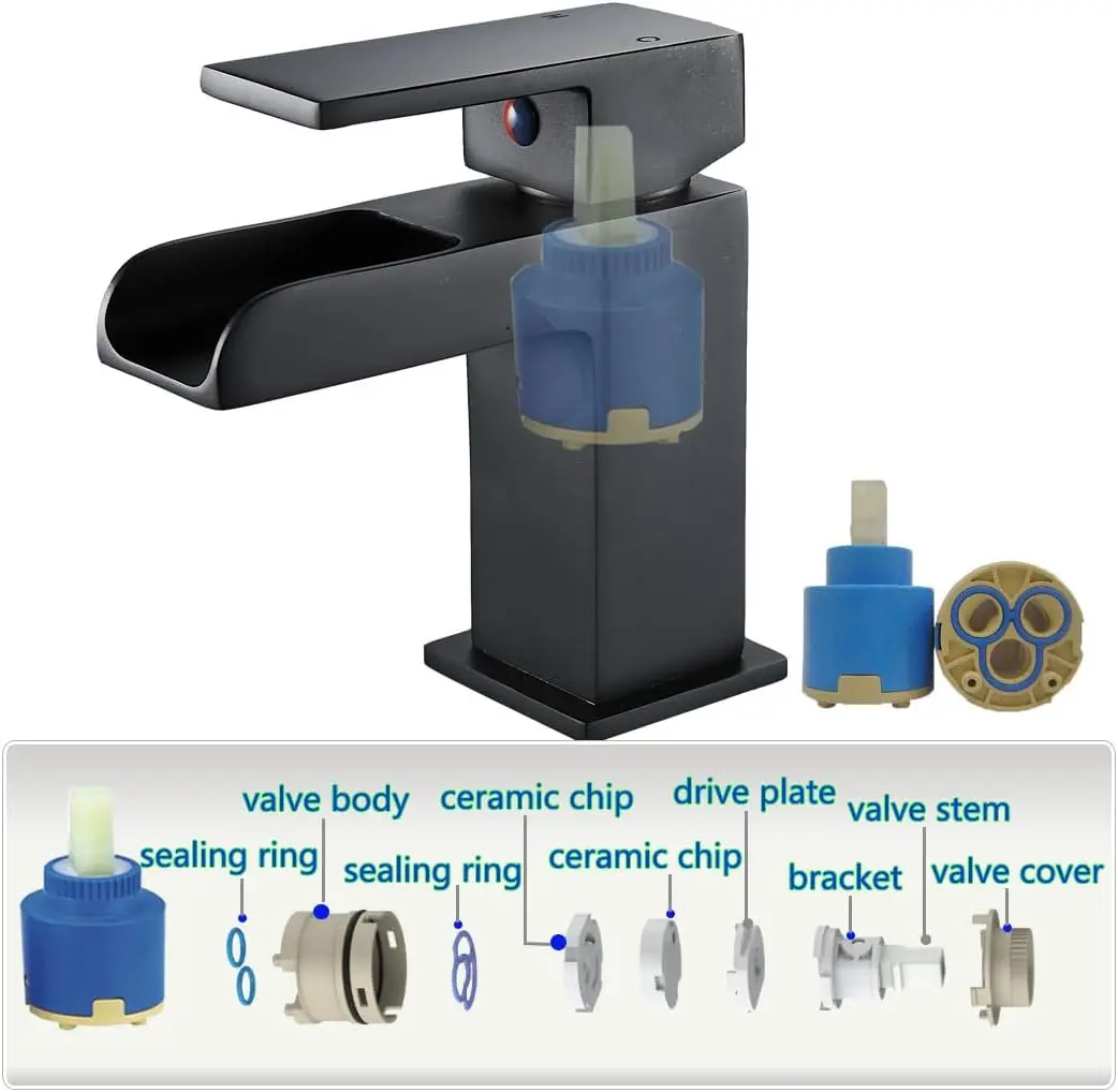 Modern Single Handle Waterfall Basin Tap Matt Black Brass Wall-Mounted Sink Mixer Tap with Waste, Waterfall Basin Faucet