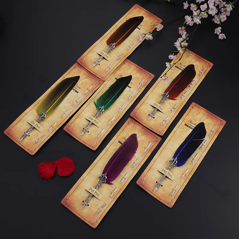 Fancy Stationery Vintage Replaceable Dip Color Feather Fountain Pen with 5 Nibs