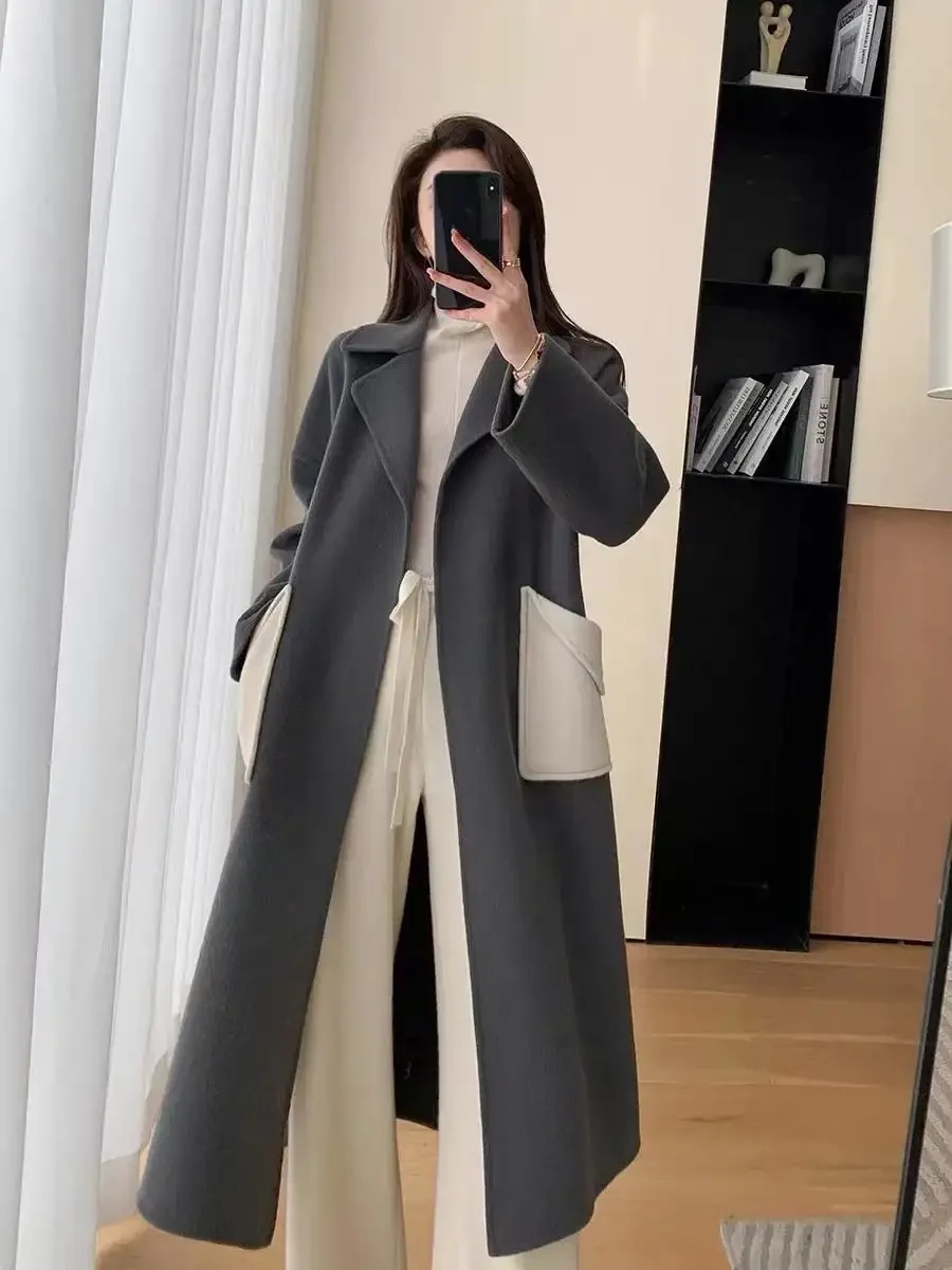 Multi-color double-sided cashmere overcoat 2024 autumn/winter new Korean version of loose leg long lace-up woolen coat