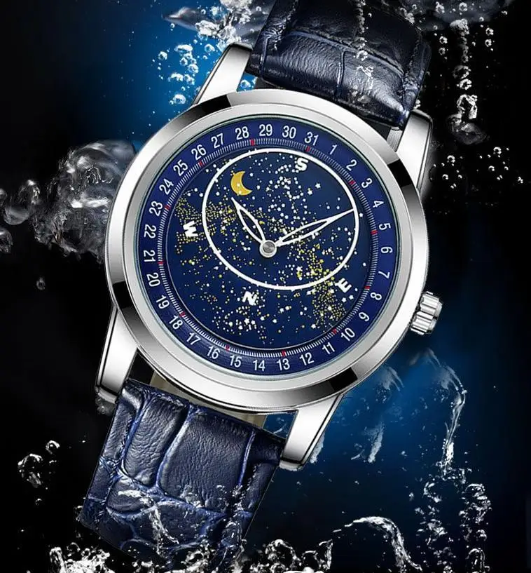 Full Blue Rotate And Luminous Starry Sky Gypsophila Second Dial dial Stainless Steel Butterfly Buckle Automatic Mechanical Watch