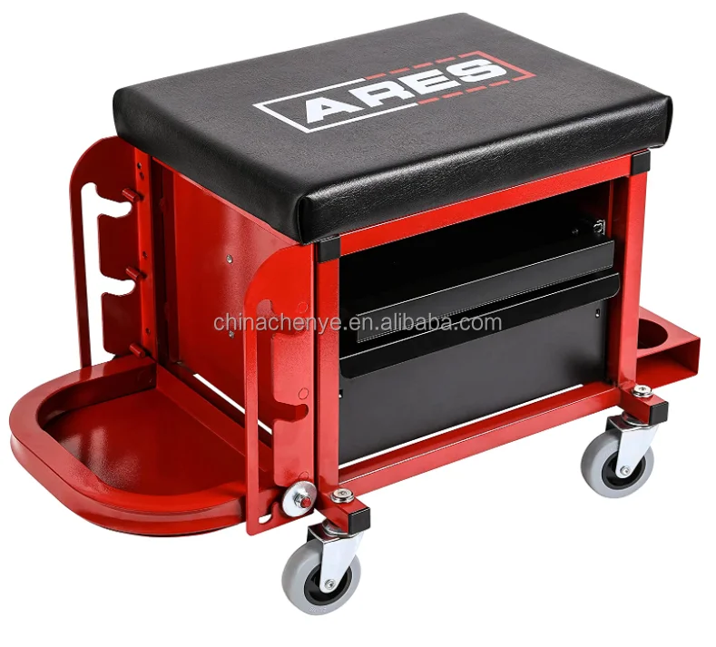 Function Mechanics Rolling Seat Square Shop Stool with Padded Seat Cushion, Tool Storage Drawer and Tray