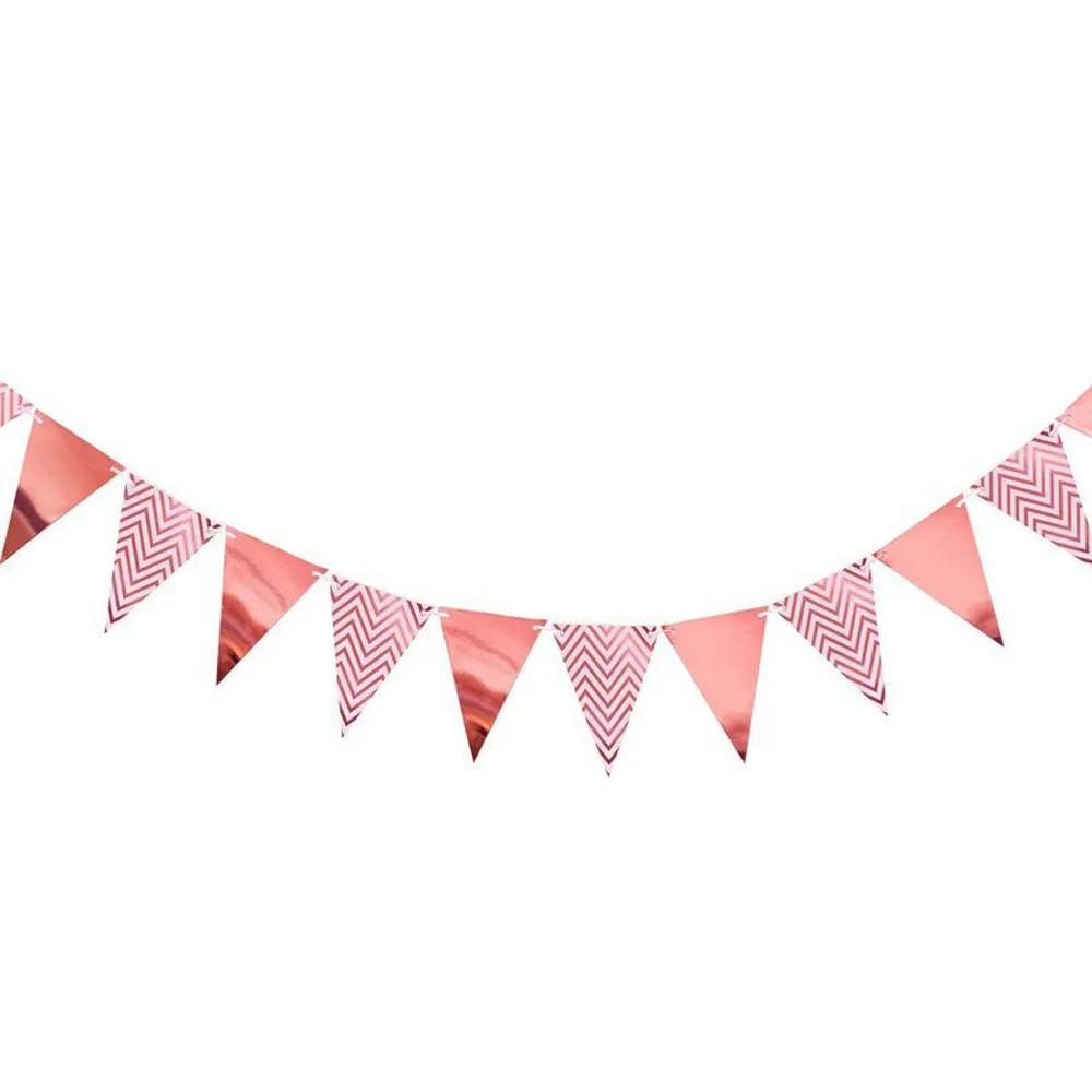 Rose Gold Silver Stamp Hanging Paper Triangle Bunting Pennant Flag Banner Garland for Birthday Bridal Baby Shower Wedding