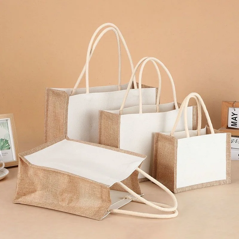 100% Flax Sublimation Natural Color Oversized Jute Linen Tote Bag