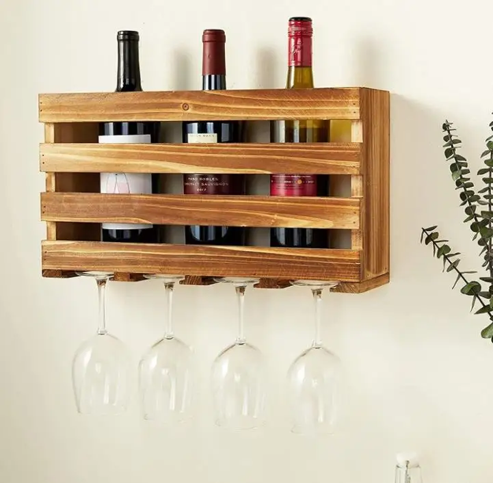 Wholesale Grey Wood Wall Mounted Wine Glass Bottle Rack Carbonized shelf with