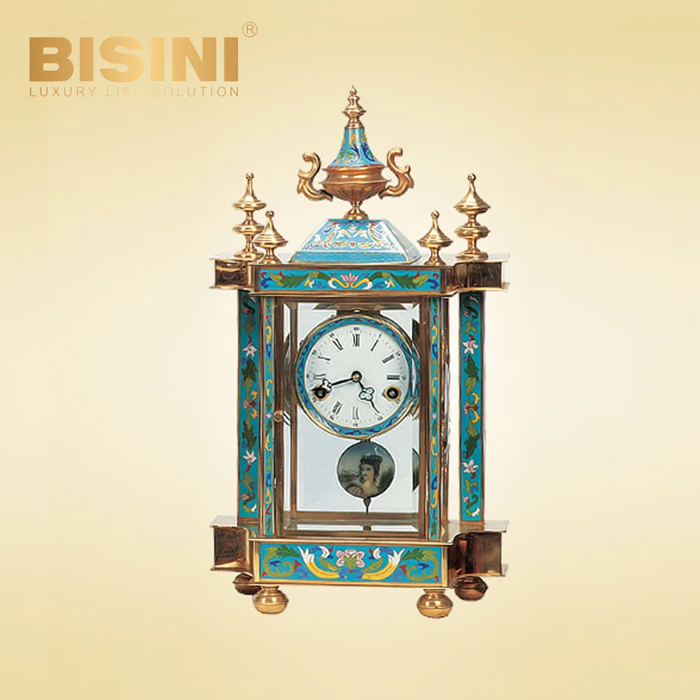 French Style Cloisonne Enamel desk Clock with Pendulum villa House table decoration luxury classical Floral patterns Table Clock