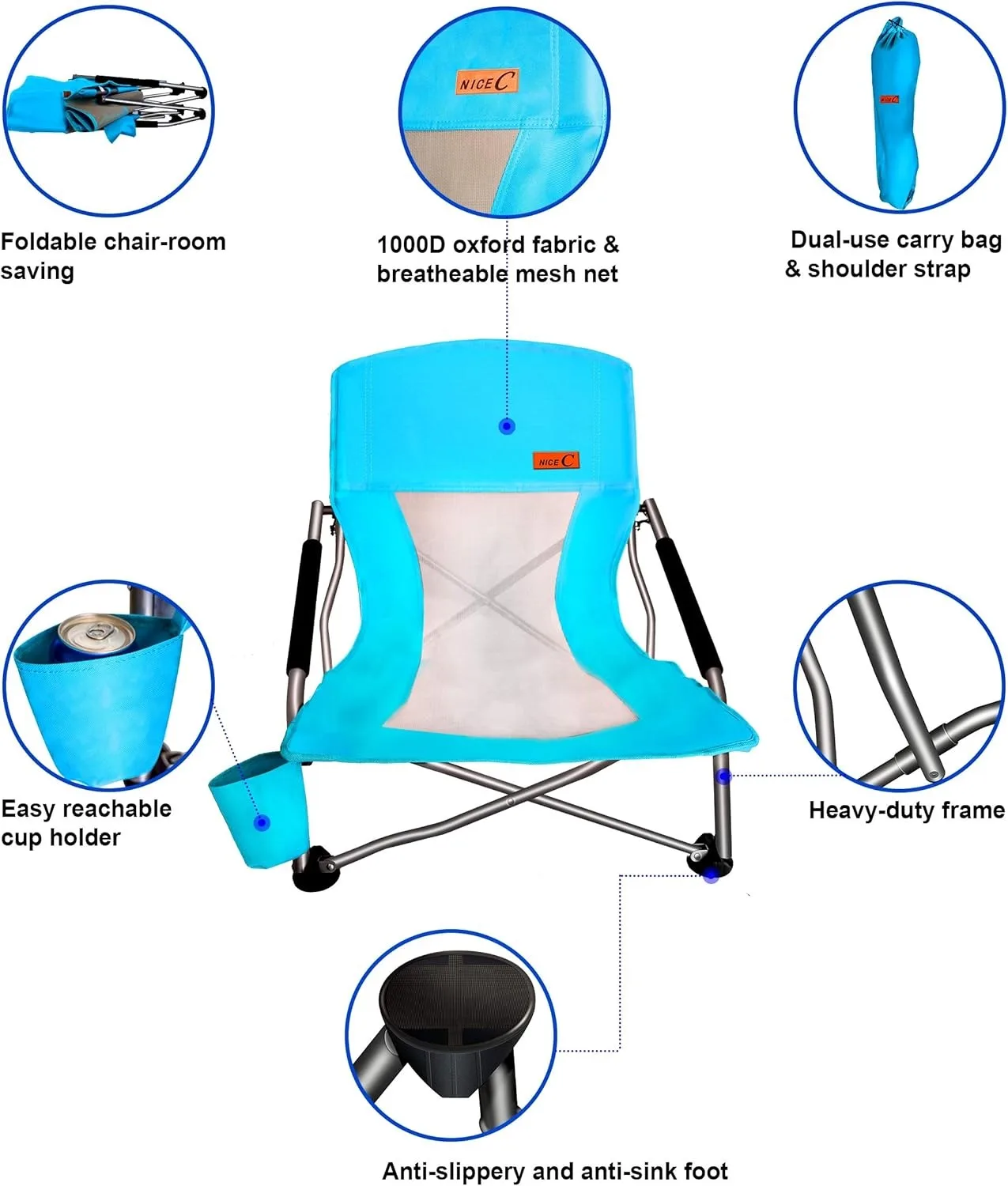 Customize High Camping Lawn Chairs Wholesale Folding Beach Chair Lightweight  Portable Sand Chair  with Cup Holders