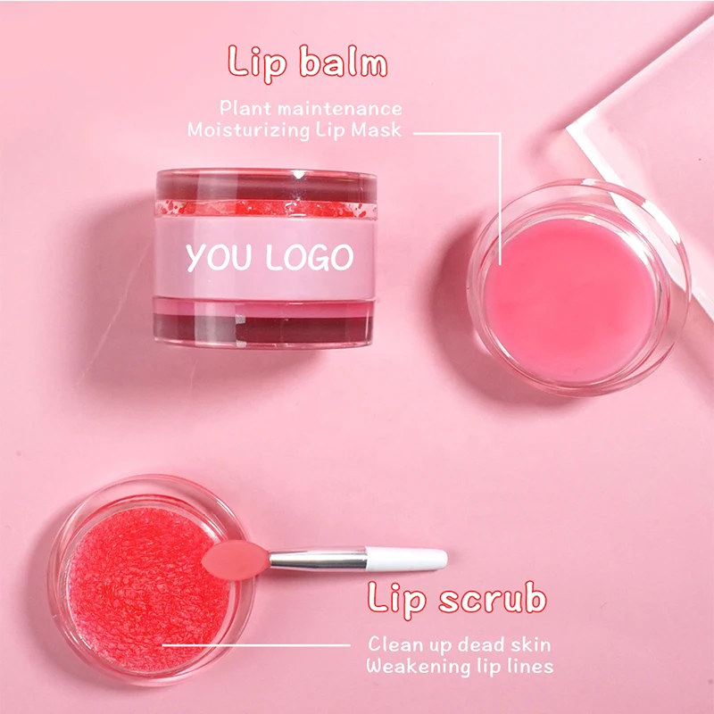 2 in 1 wholesale private label pink natural lipbalm vegan lipscrub organic exfoliator strawberry lip scrub and lip balm