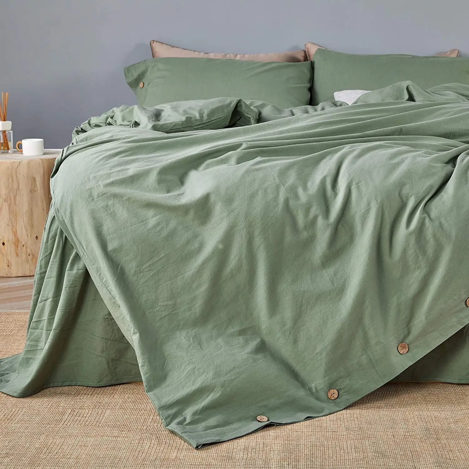 Green 100% Washed Cotton Duvet Cover Set 3 Pieces Luxury Soft Bedding Set with Buttons Closure Solid Color Pattern Duvet Cover