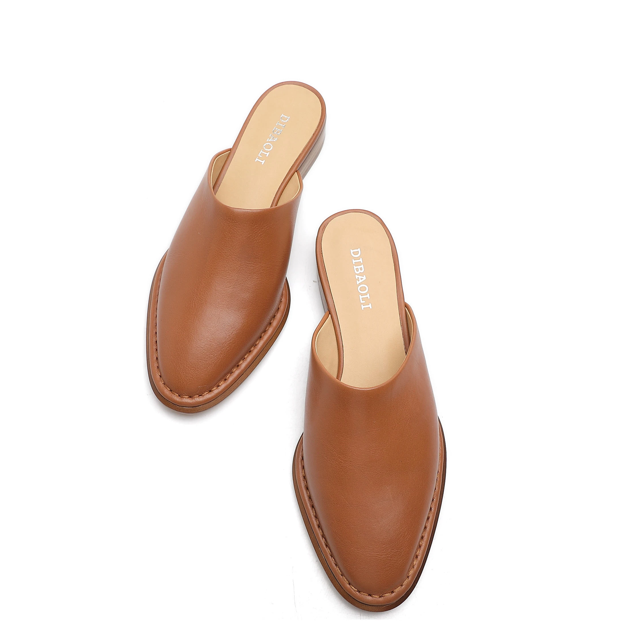 Flats Slippers Women Female Ladies Mother Genuine Black Leather Mules Dress Shoes Chunky Heel Pointed Toe