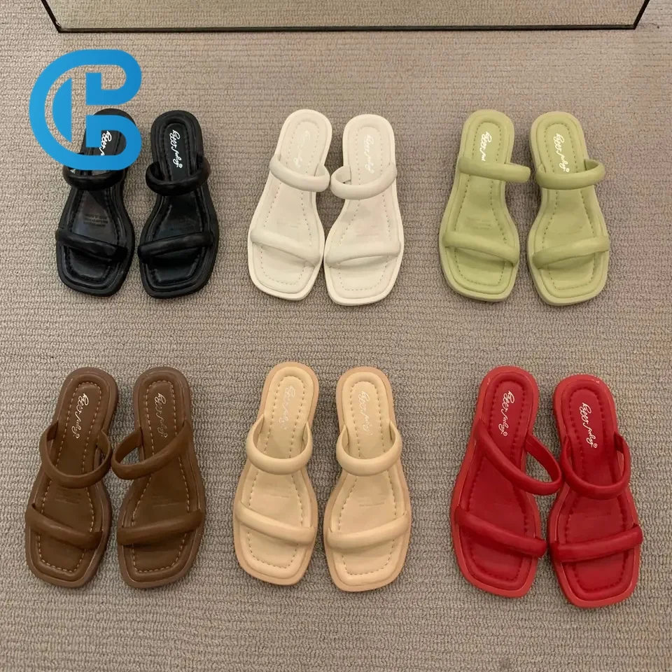 Barchon New Simple Flat Sandals Women Comfortable Square Toe Ladies Slide Flat Sandals