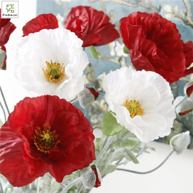New Arrival Artificial Silk Poppy Big Flower Flocked Stem Foldable Home Decoration Table Center Piece Wedding Red Orange