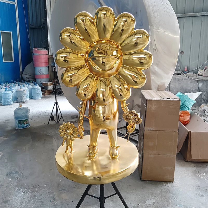 fiberglass art sculpture electroplating golden cartoon sunflower statue flower plant animation mall decoration resin crafts