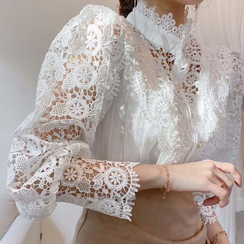 Autumn sexy tops Hollow Sexy Blouse Plus Size Stand-Up Collar White Tops Lace Long Sleeve Fashion Women Shirt embroidery blouse