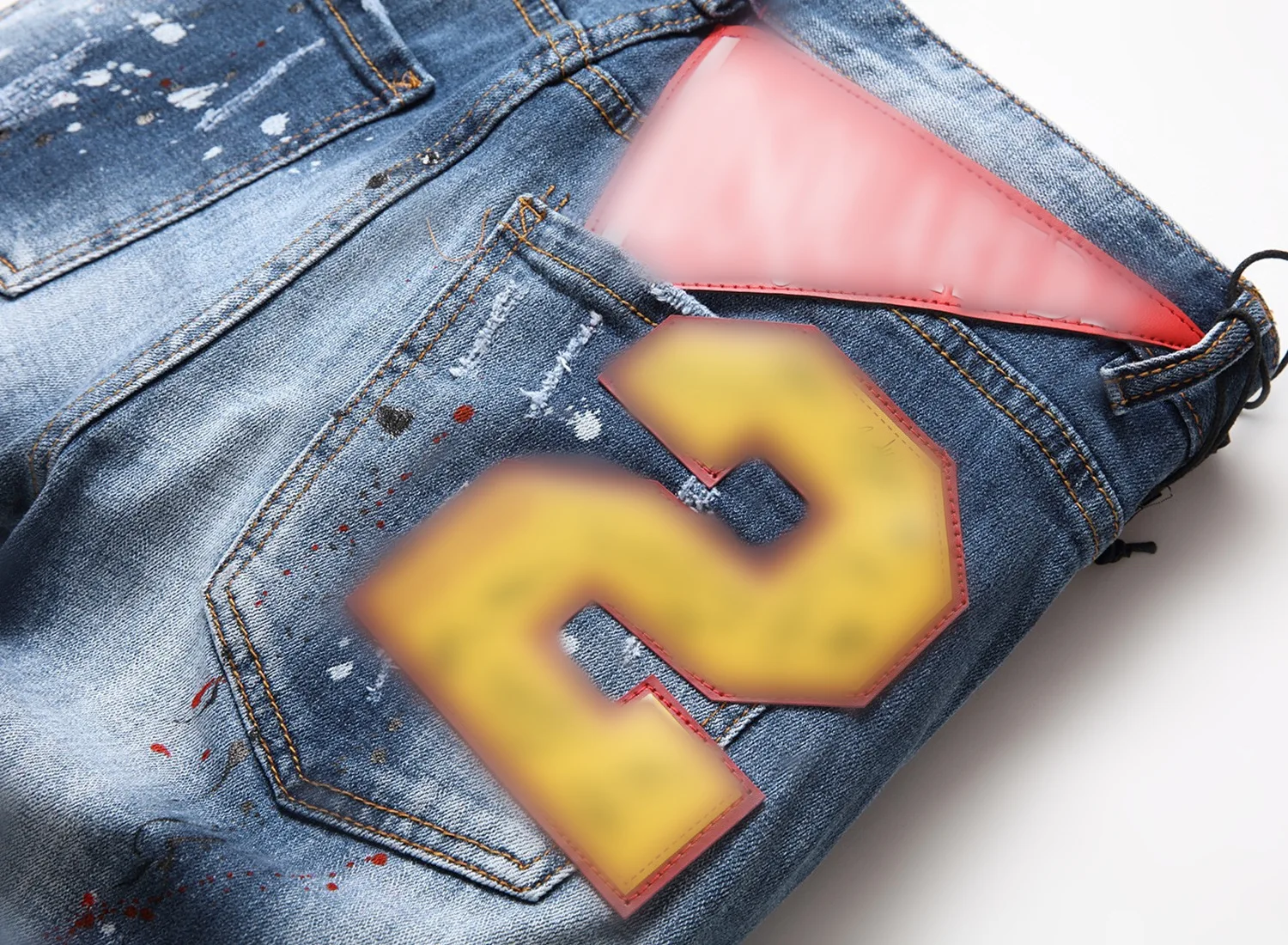 Custom Skinny Jeans Custom Ripped Splattered Paint Tattered Style Oversized Monogrammed Fabric Label Decoration