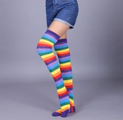 Wholesale Women Socks Rainbow Halloween Colorful Fluorescent Seamless Striped Thigh High Socks