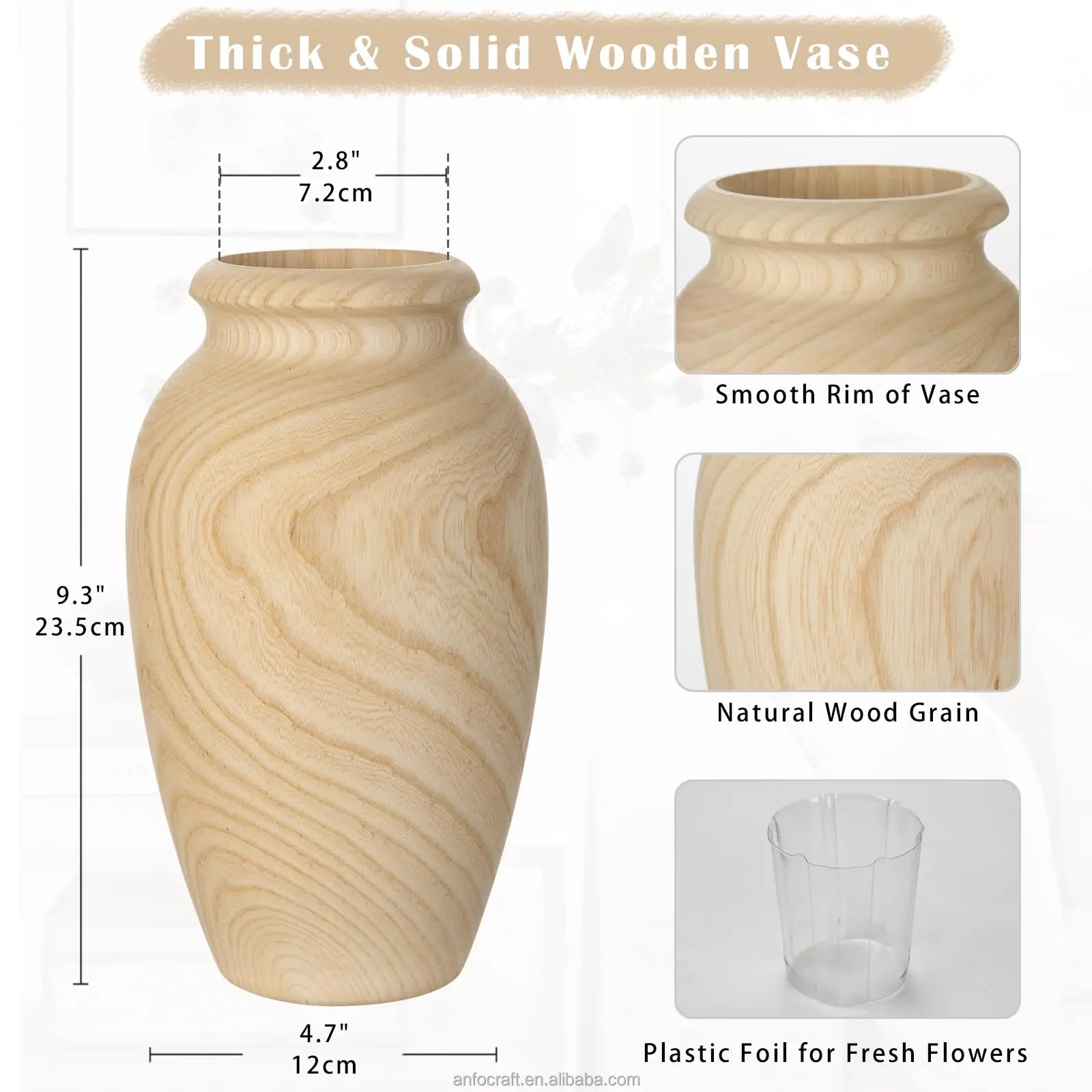 Modern Natural Wooden Vase Shallow Mouth Decorative Bamboo Floor Vase Garden Holding Dried Artificial Flowers Table Centerpiece
