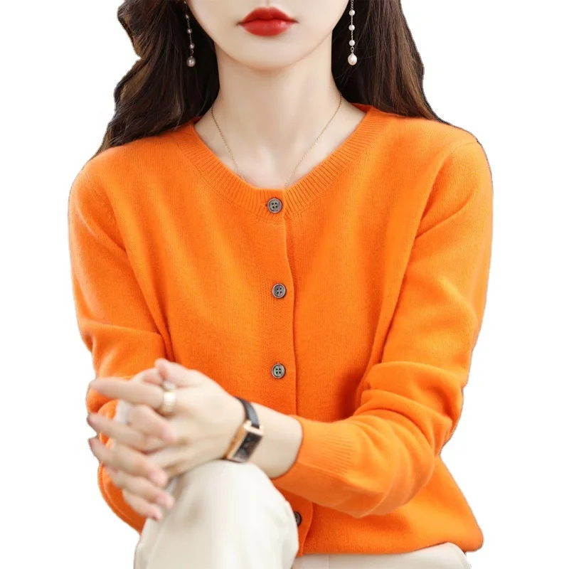 Wholesale 15color options knitted cardigan Cash feel like crewneck sweater cardigan women long sleeve solid color coat for women