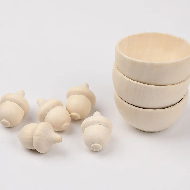 Manufacturer customization baby Original wood color wooden bowl acorn nut accessories toy set