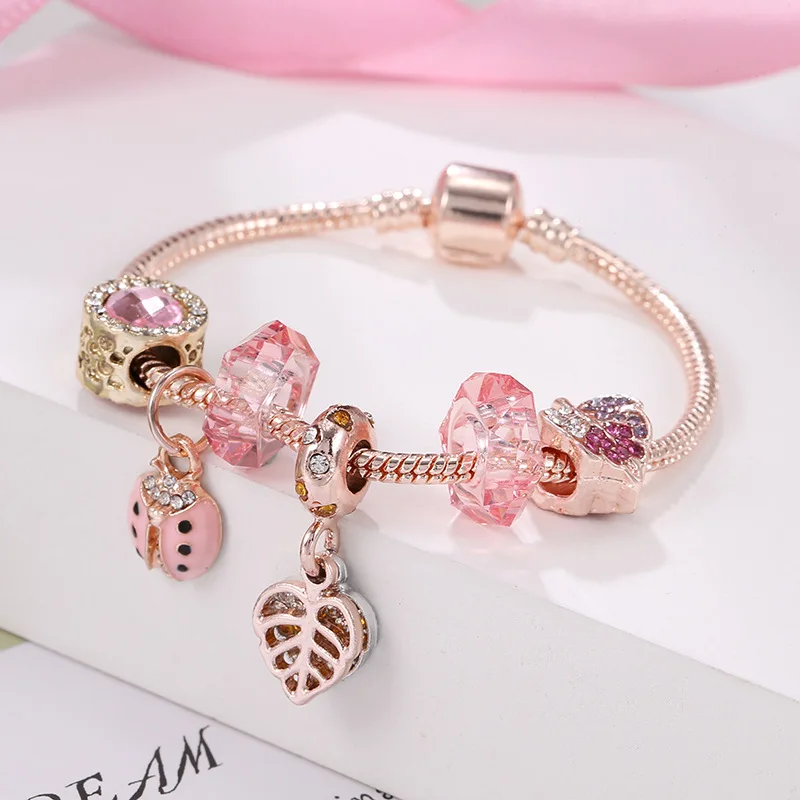 
Best Selling Bling CZ Cubic Zirconia Flower Leaves Charms Bracelet Exquisite Rose Gold Rhinestone Crystal Heart Charm Bracelet 