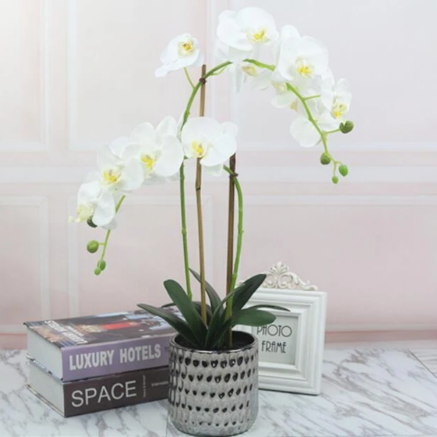Real touch white purple phalaenpsis potted artificial silk orchid flower in pot