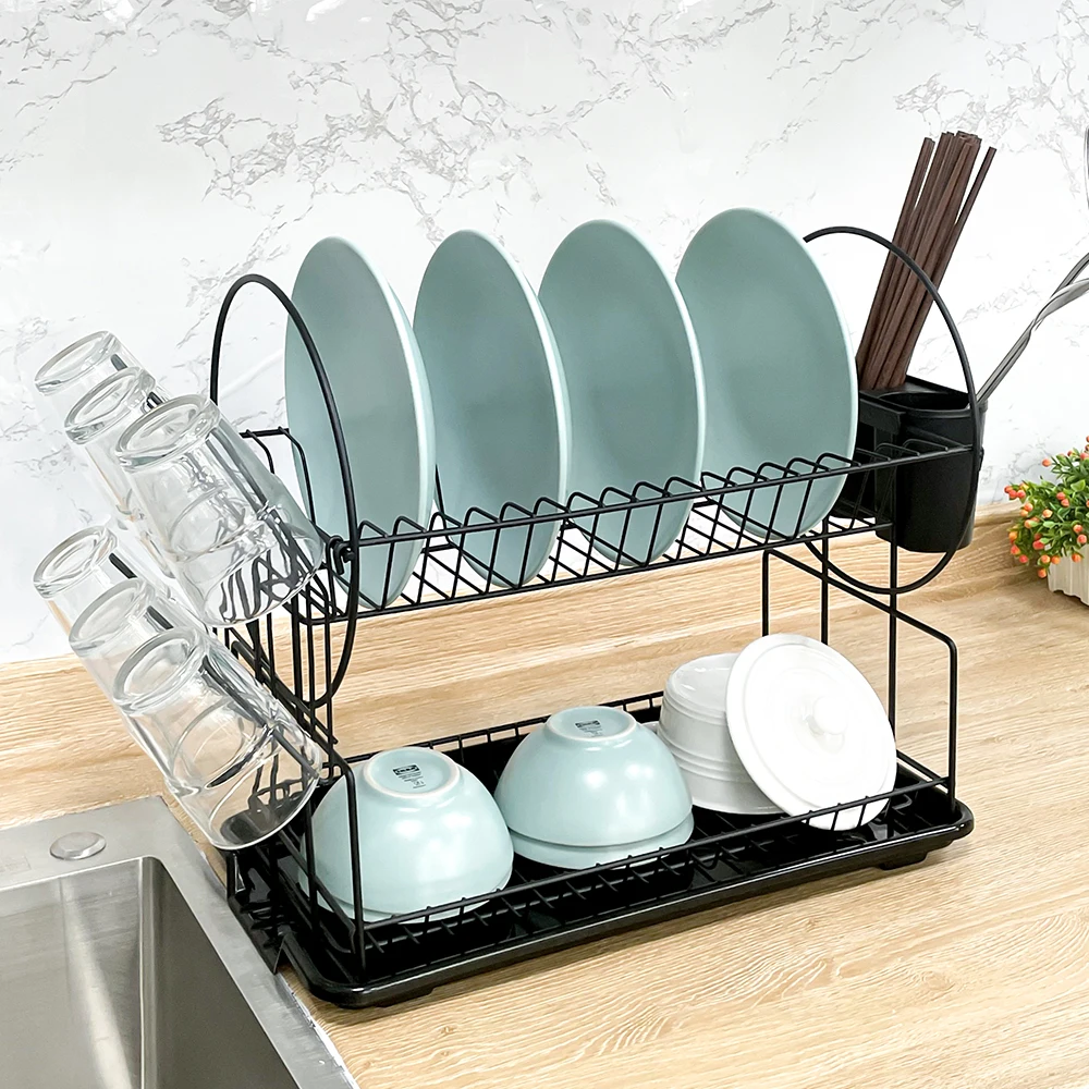 Freestanding 2 Tierer Kitchen Tableware Steel Storage Simple Human Dish Drainer Rack