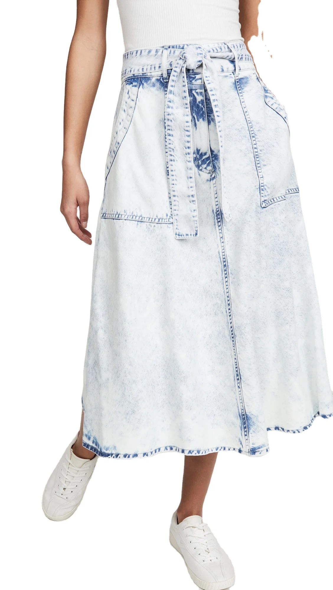 custom acid wash vintage sashes design jeans midi skirts woman denim