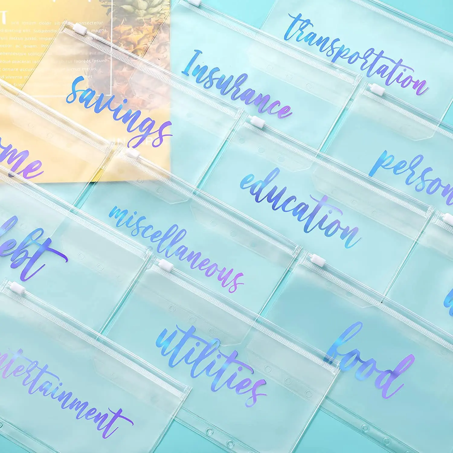 plastic pvc zipper bag clear holographic mylar aluminum foil zipper bags pouch label stickers a6 a7 cash envelopes for budgeting