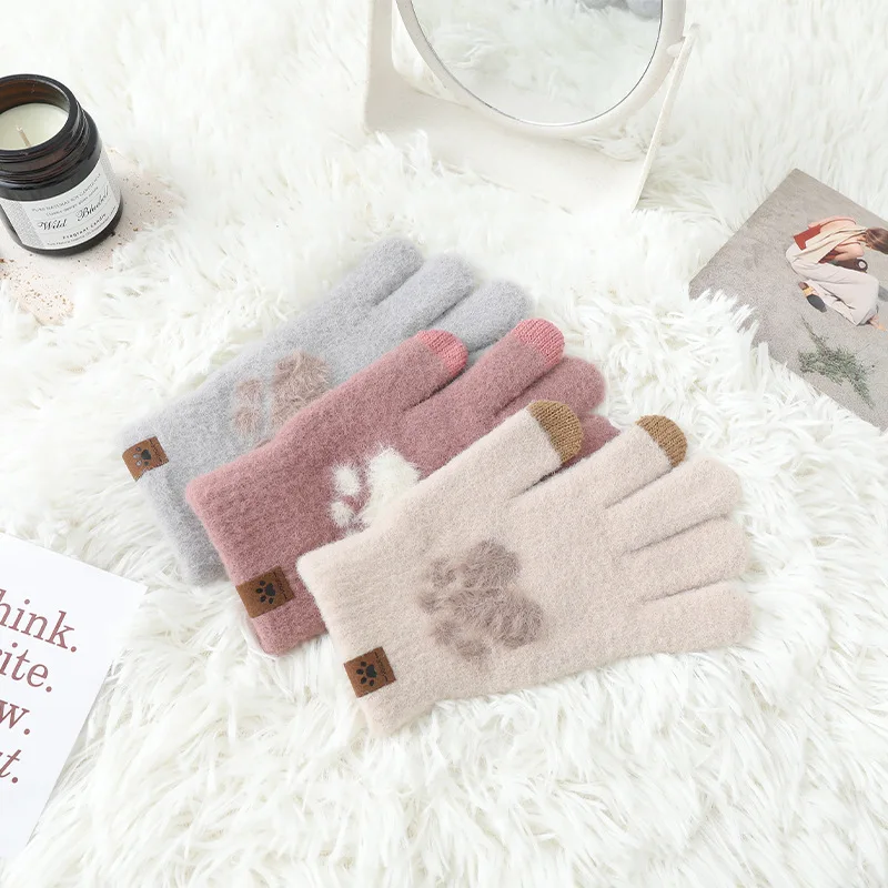 Winter New Thickened Warmth Winter Cute Student Cycling and Driving Cold proof Woolen Touch Screen Gloves