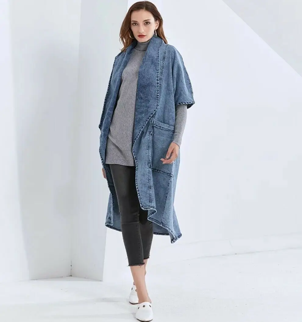 Custom new windbreaker fashionable denim patchwork jacket plus size windbreaker long coat denim jacket