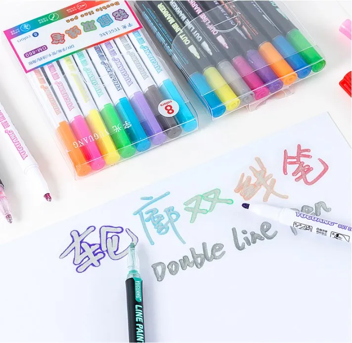 Double Line Pen,  8/12 Dream Color Outline White Handle Pens Highlight Markers Gift Cards Drawing Writing Pens