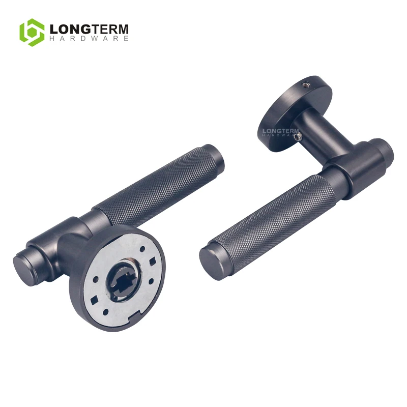 Zinc Alloy Knurled Door Handle Set Mortise Lock Handle Modern Black Round Lever Interior Door Handle for Wooden Doors