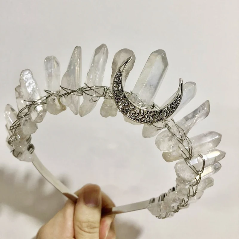 Healing Colorful Crystals Crown Polished Clear White Mermaid Crown Headband Natural Crystal Quartz Tiara for Hair Accessories