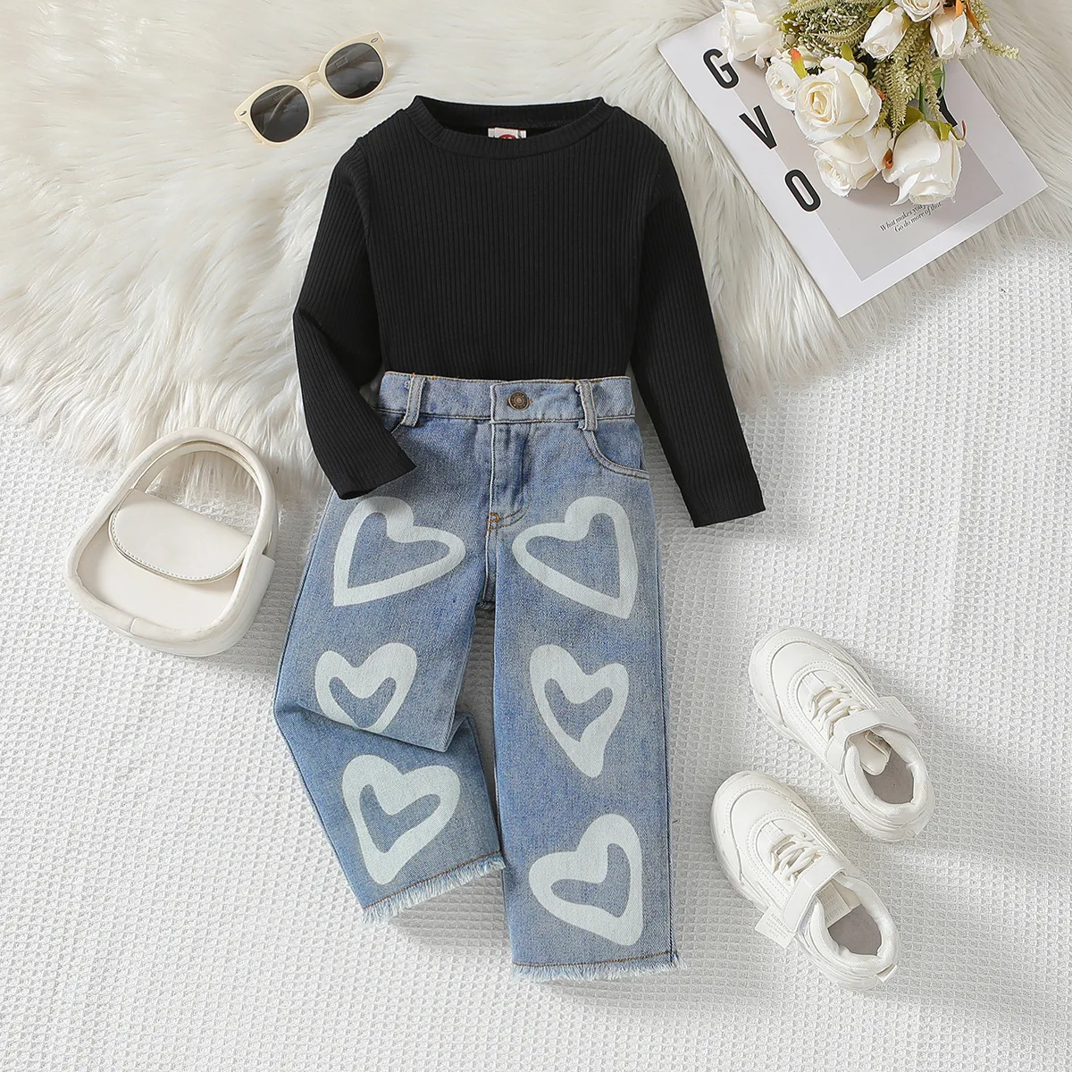 Hot sale  Kids Baby Girl Clothes  Outfits Casual Solid Color Long Sleeve Pullover Heart Denim Long Pants  Children Autumn Sets