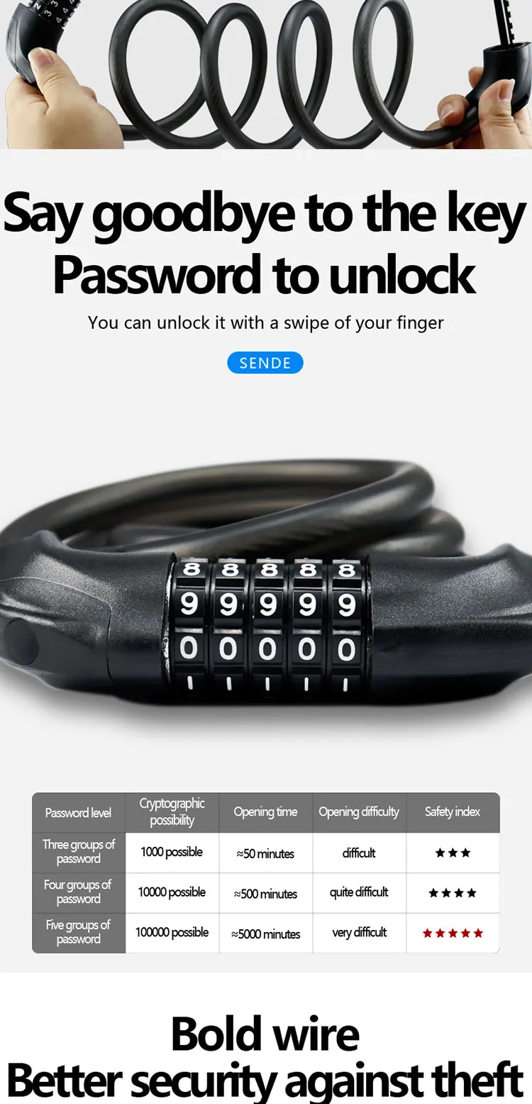 EU stock Bicycle Lock Combination Password Cycling Security Bicycle Cable Chain Lock Anti-Theft Bicycle Bike Lock