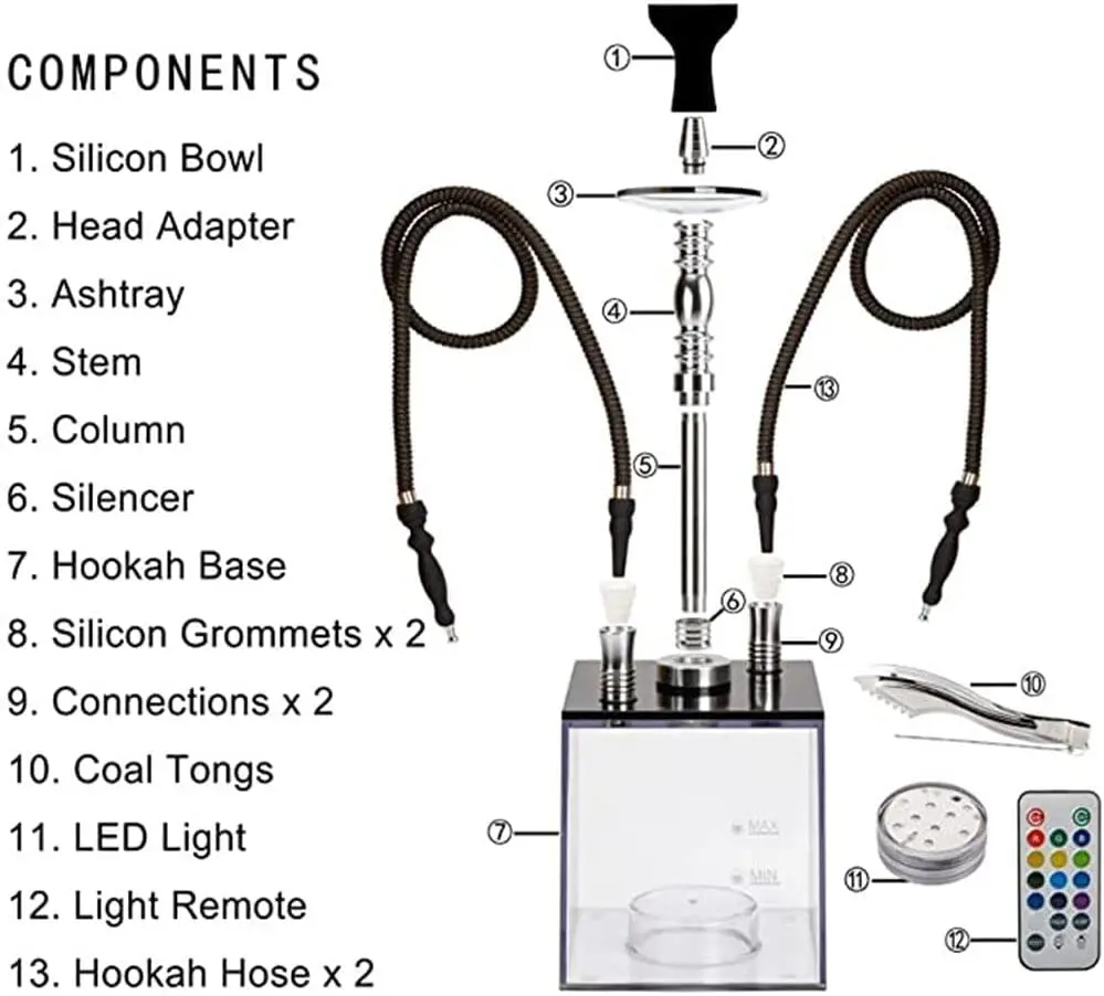 China Hookah Shisha Set Cube Modern Shisha include Vulcan HMD Silicone Phunnel Bowl Silk Pipe Coal Tongs Remote LED