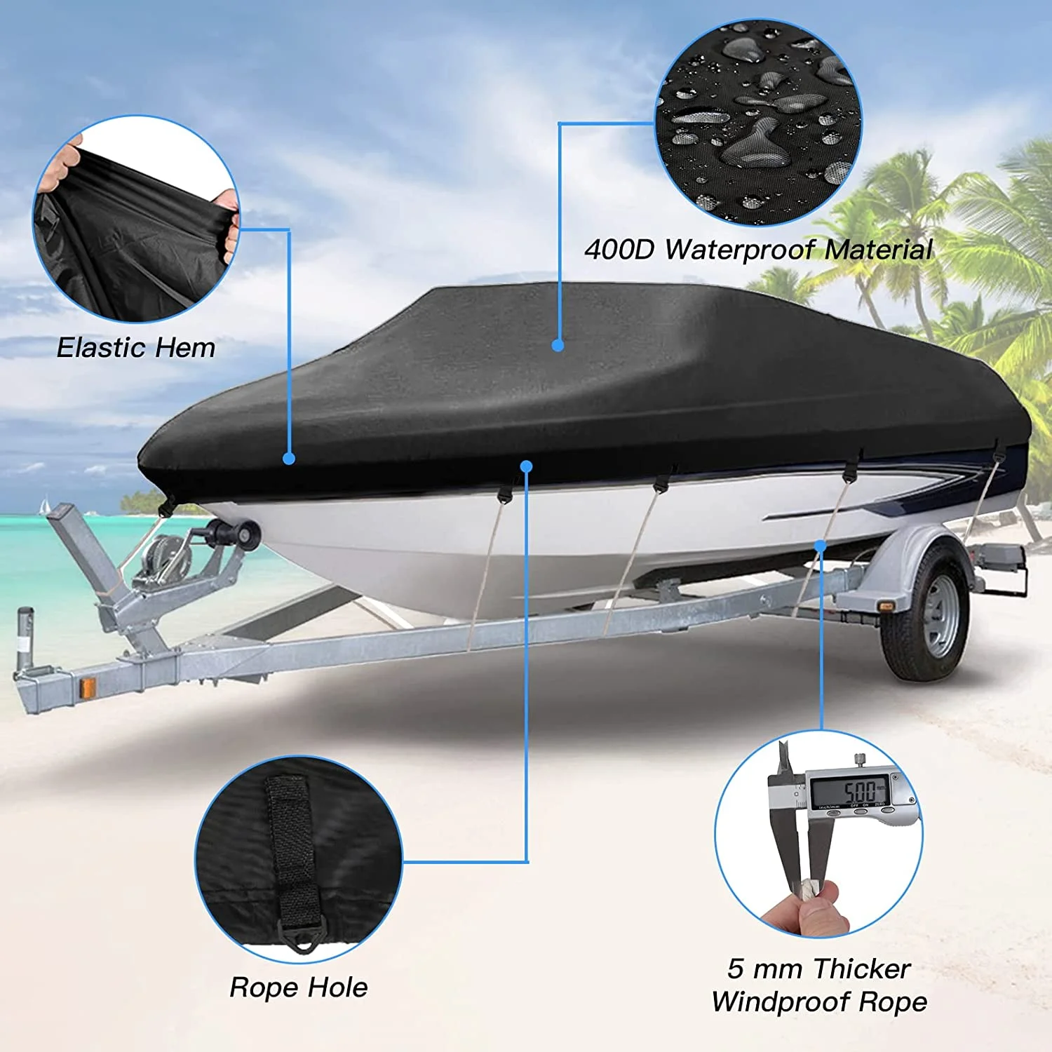 Heavy Duty 420D Waterproof Canvas Trailable Waterproof Boat Cover V-Hull Tri-Hull Runabout Boat Cover