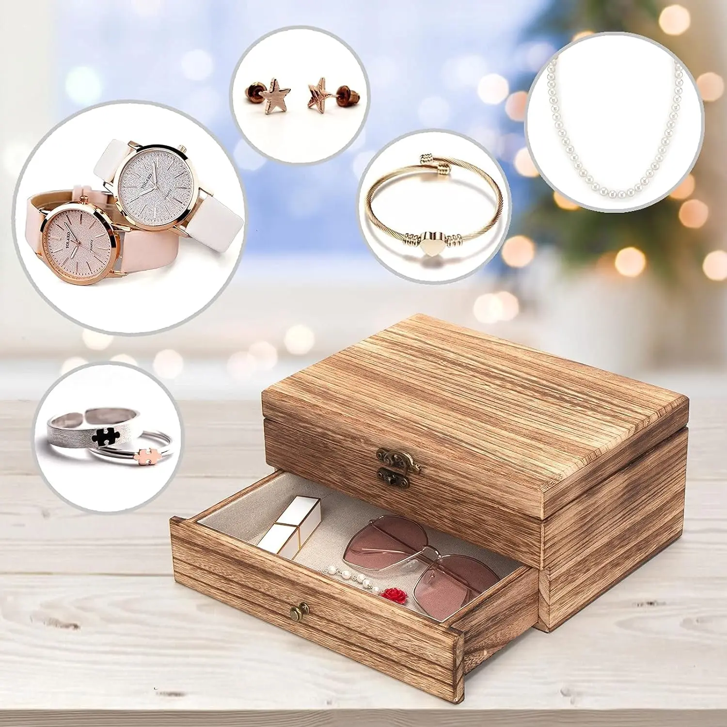 Hot Sale Wooden Jewelry Box for Women, Rustic Wood Jewelry Organizer for Storage Earrings Rings Necklace Bracelet