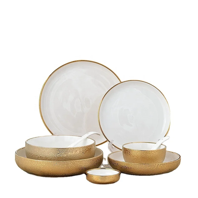 
Mfashion Nordic Luxury golden porcelain Ceramic tableware soup bowls and dishes dinner plates set 