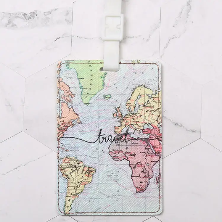 Creative World Map Luggage Identification Sublimated Logo PU Leather  Luggage Tags