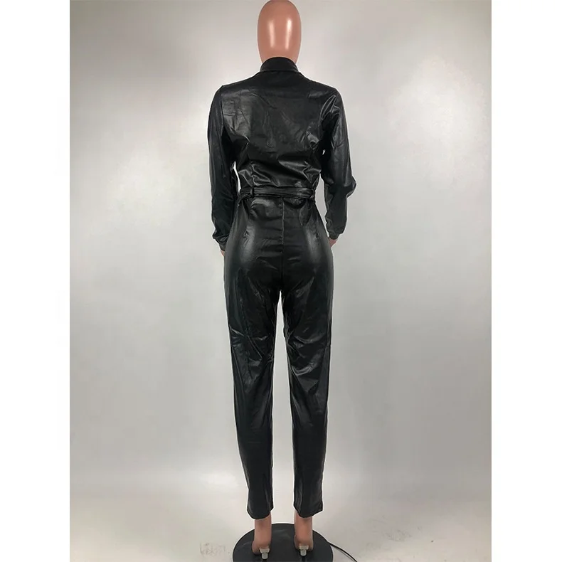 2022 China wholesale black leather jumpsuit PU leather jumpsuit